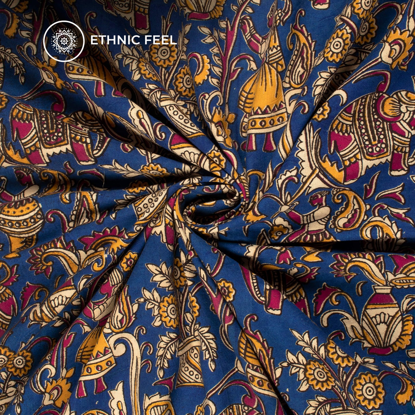 Royal Blue And Red Quirky Kalamkari Cotton Fabric