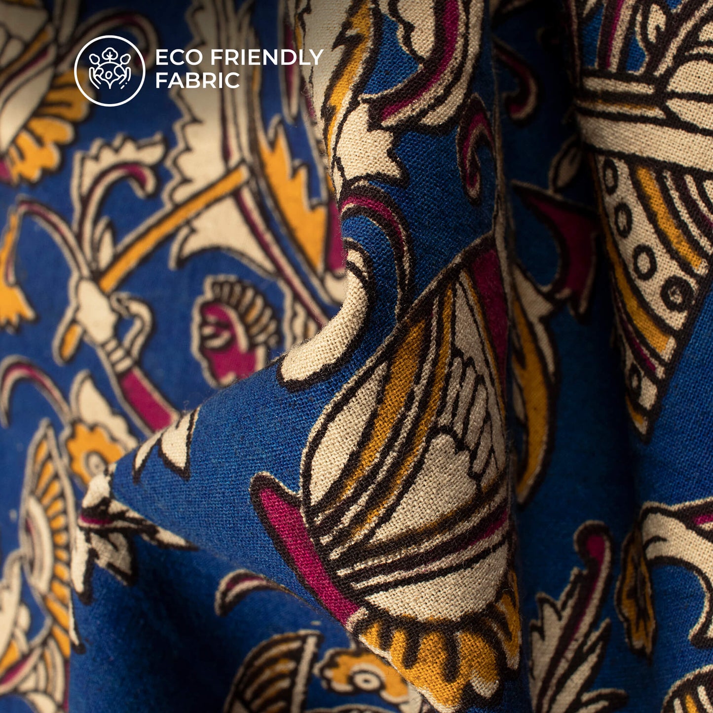 Royal Blue And Red Quirky Kalamkari Cotton Fabric