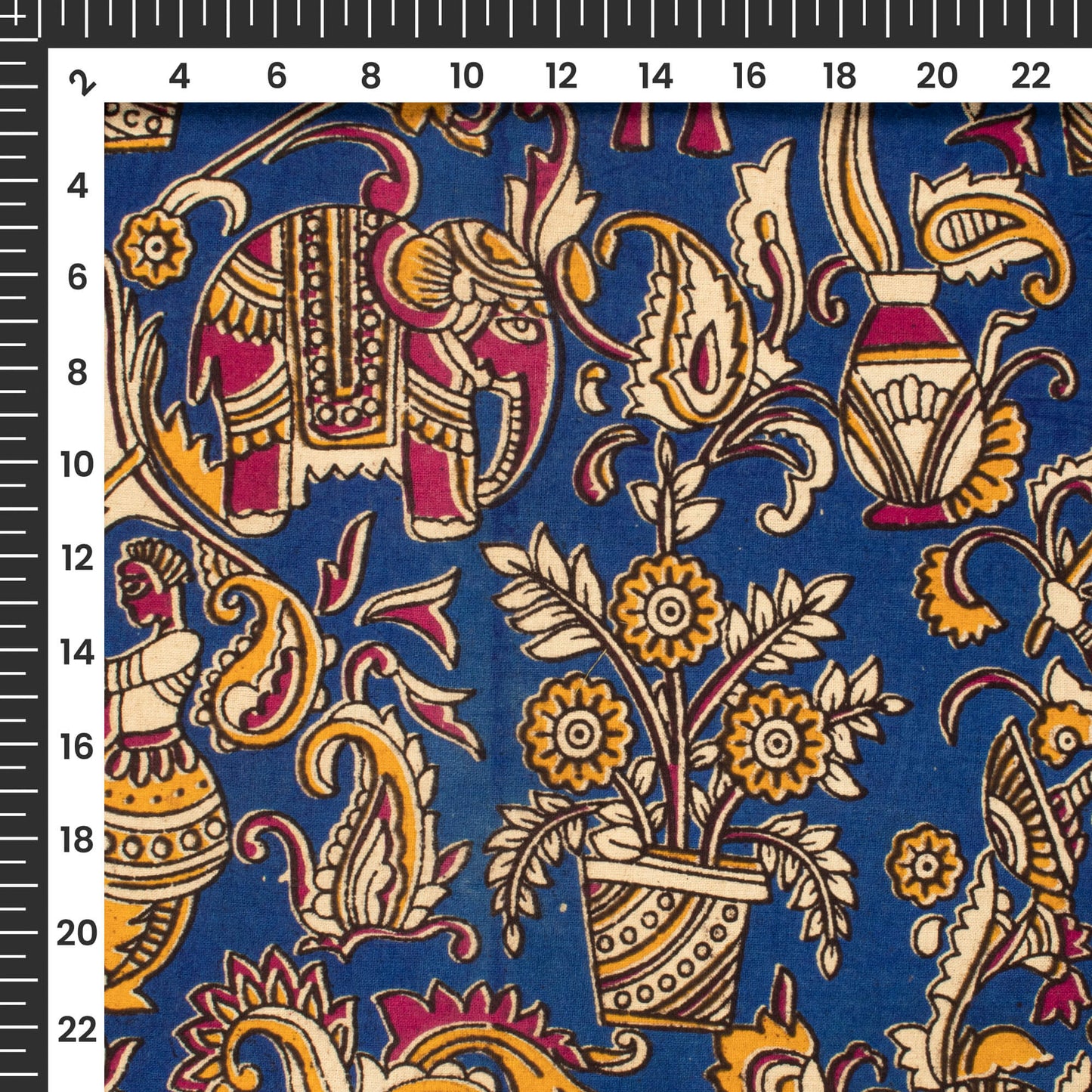 Royal Blue And Red Quirky Kalamkari Cotton Fabric