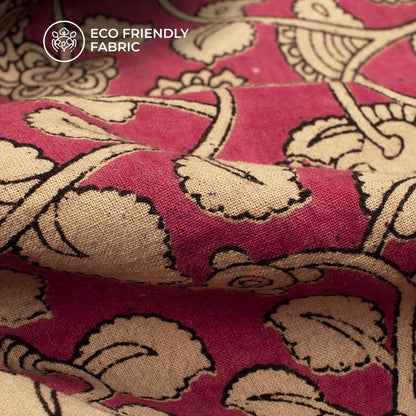Red And Beige Floral Kalamkari Cotton Fabric