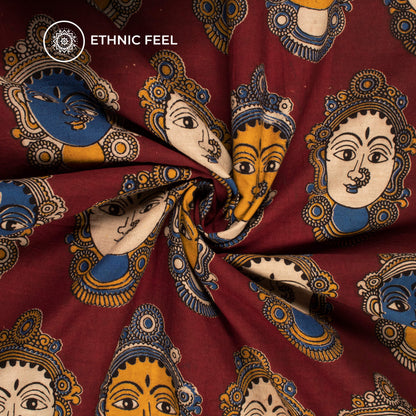 Sangria Red And Royal Blue Quirky Kalamkari Cotton Fabric