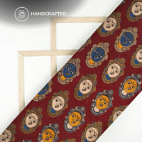 Sangria Red And Royal Blue Quirky Kalamkari Cotton Fabric