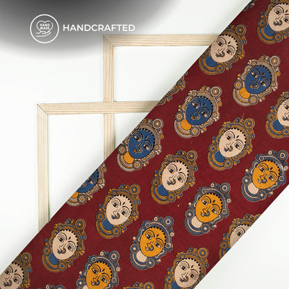 Sangria Red And Royal Blue Quirky Kalamkari Cotton Fabric