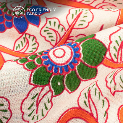 White And Vivid Orange Floral Kalamkari Cotton Fabric