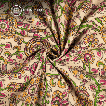 Beige And Green Floral Kalamkari Cotton Fabric