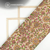 Beige And Green Floral Kalamkari Cotton Fabric