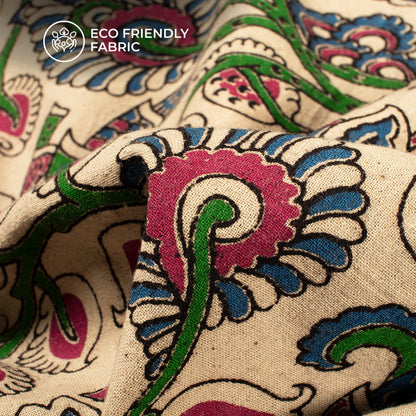 Beige And Royal Blue Floral Kalamkari Cotton Fabric