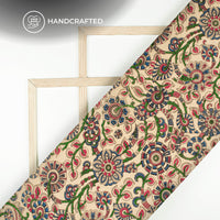 Beige And Royal Blue Floral Kalamkari Cotton Fabric