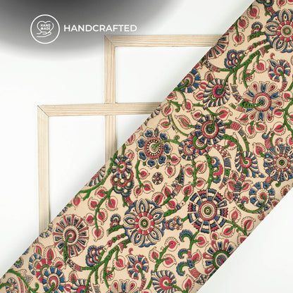 Beige And Royal Blue Floral Kalamkari Cotton Fabric