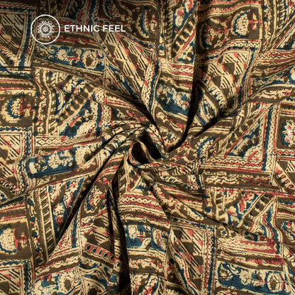 Moss Green And Red Traditional Kalamkari Cotton Fabric