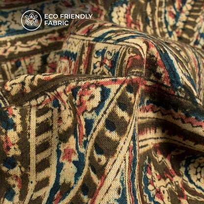 Moss Green And Red Traditional Kalamkari Cotton Fabric