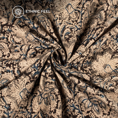 Black And Beige Floral Kalamkari Cotton Fabric