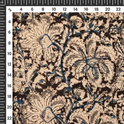 Black And Beige Floral Kalamkari Cotton Fabric