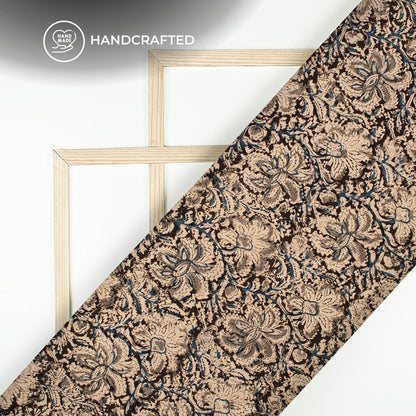 Black And Beige Floral Kalamkari Cotton Fabric