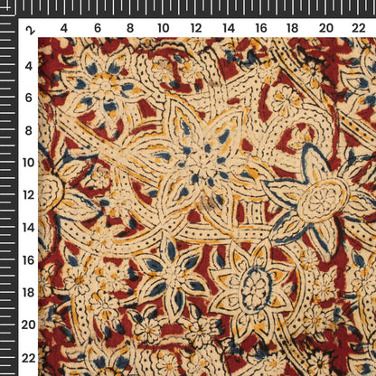 Beige And Sangria Red Floral Kalamkari Cotton Fabric