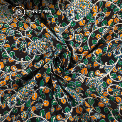 Black And Yellow Floral Kalamkari Cotton Silk Fabric