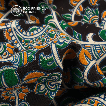 Black And Yellow Floral Kalamkari Cotton Silk Fabric