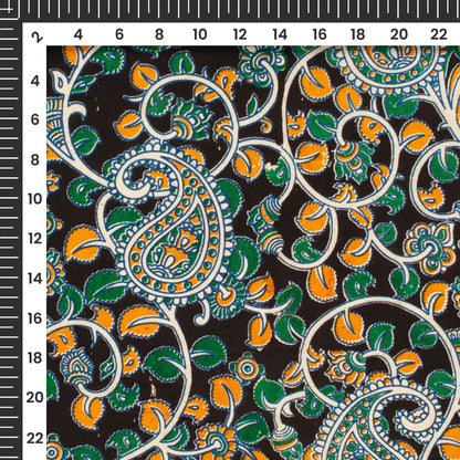 Black And Yellow Floral Kalamkari Cotton Silk Fabric