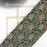 Black And Yellow Floral Kalamkari Cotton Silk Fabric