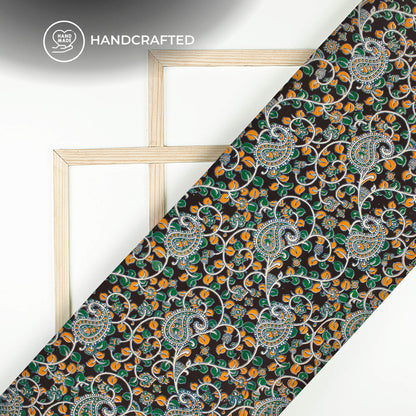 Black And Yellow Floral Kalamkari Cotton Silk Fabric