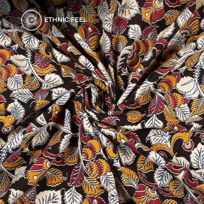 Black And White Leaf Kalamkari Cotton Silk Fabric