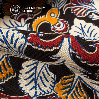 Black And White Leaf Kalamkari Cotton Silk Fabric