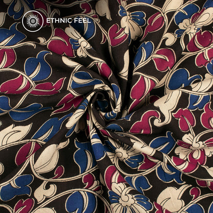 Black And Violet Floral Kalamkari Cotton Silk Fabric