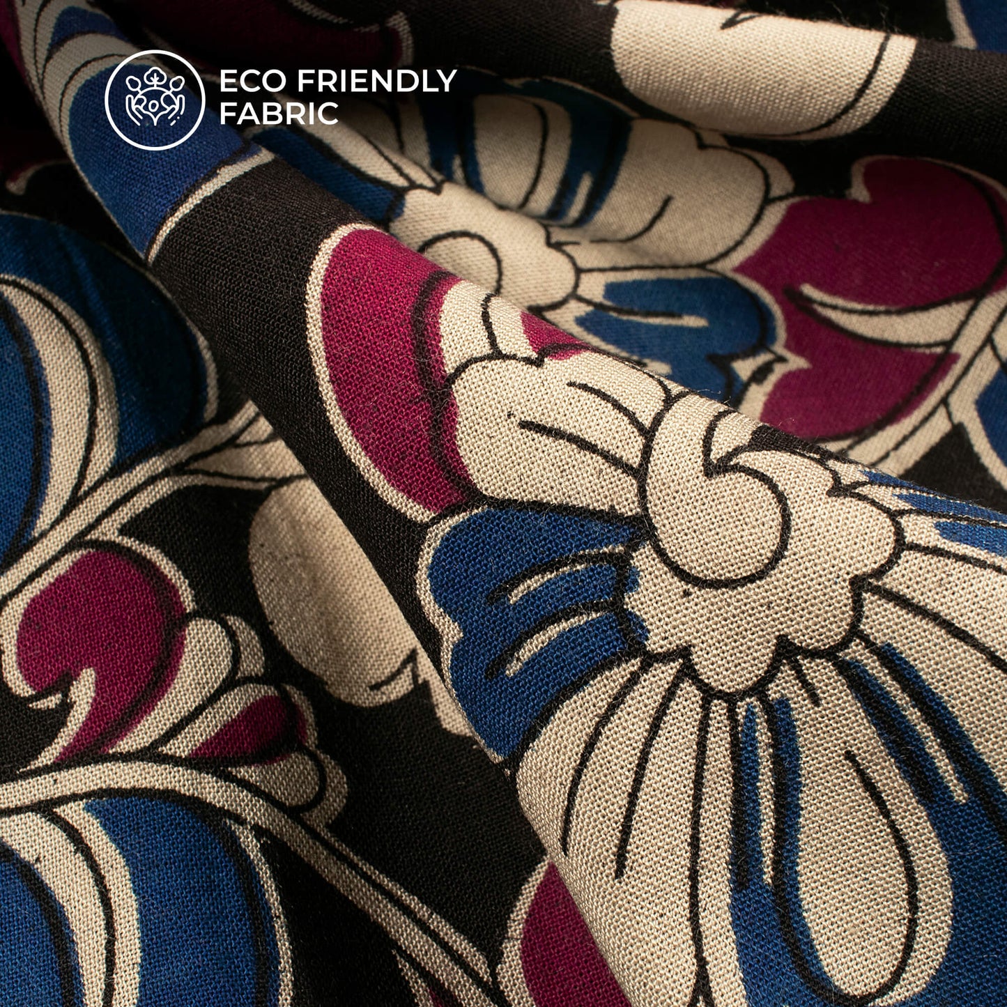 Black And Violet Floral Kalamkari Cotton Silk Fabric