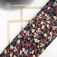 Black And Violet Floral Kalamkari Cotton Silk Fabric