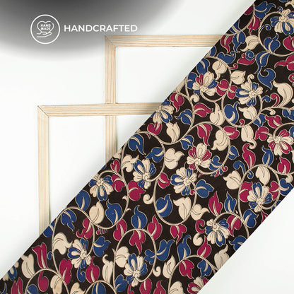 Black And Violet Floral Kalamkari Cotton Silk Fabric