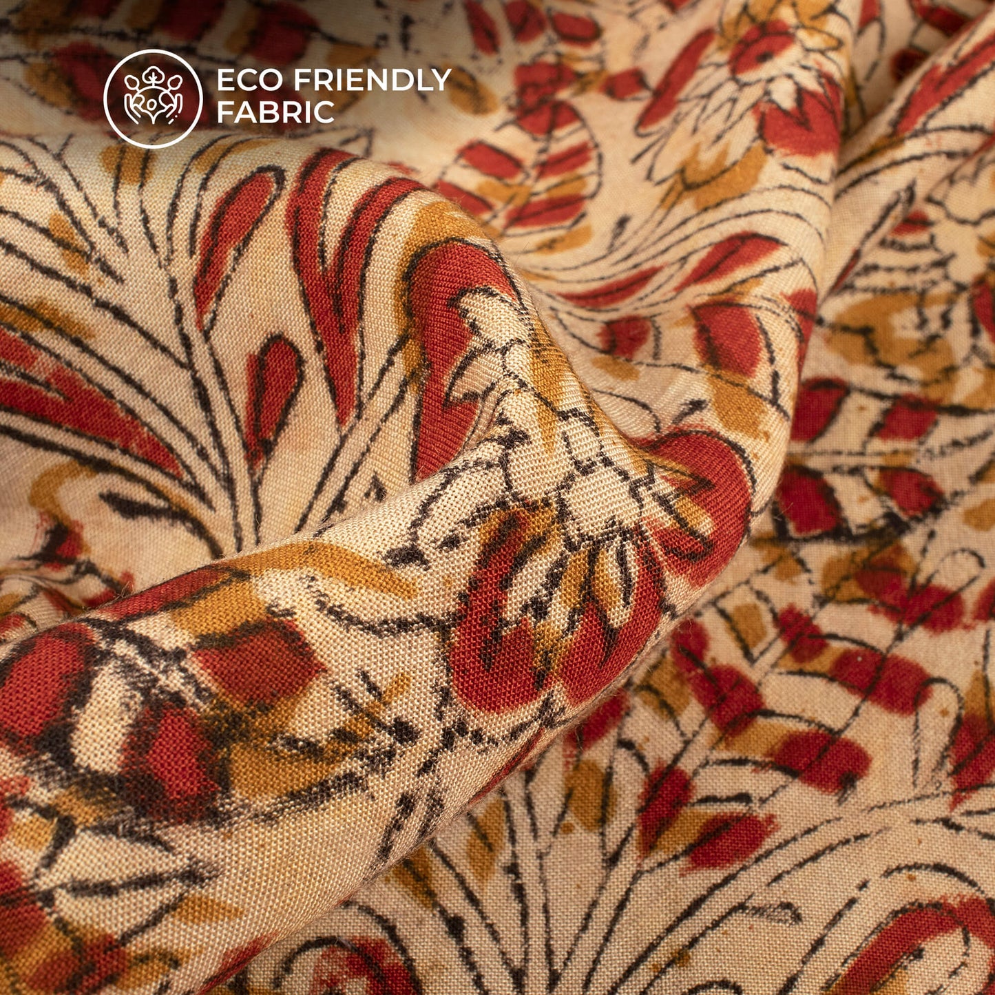 Beige And Red Leaf Kalamkari Cotton Silk Fabric