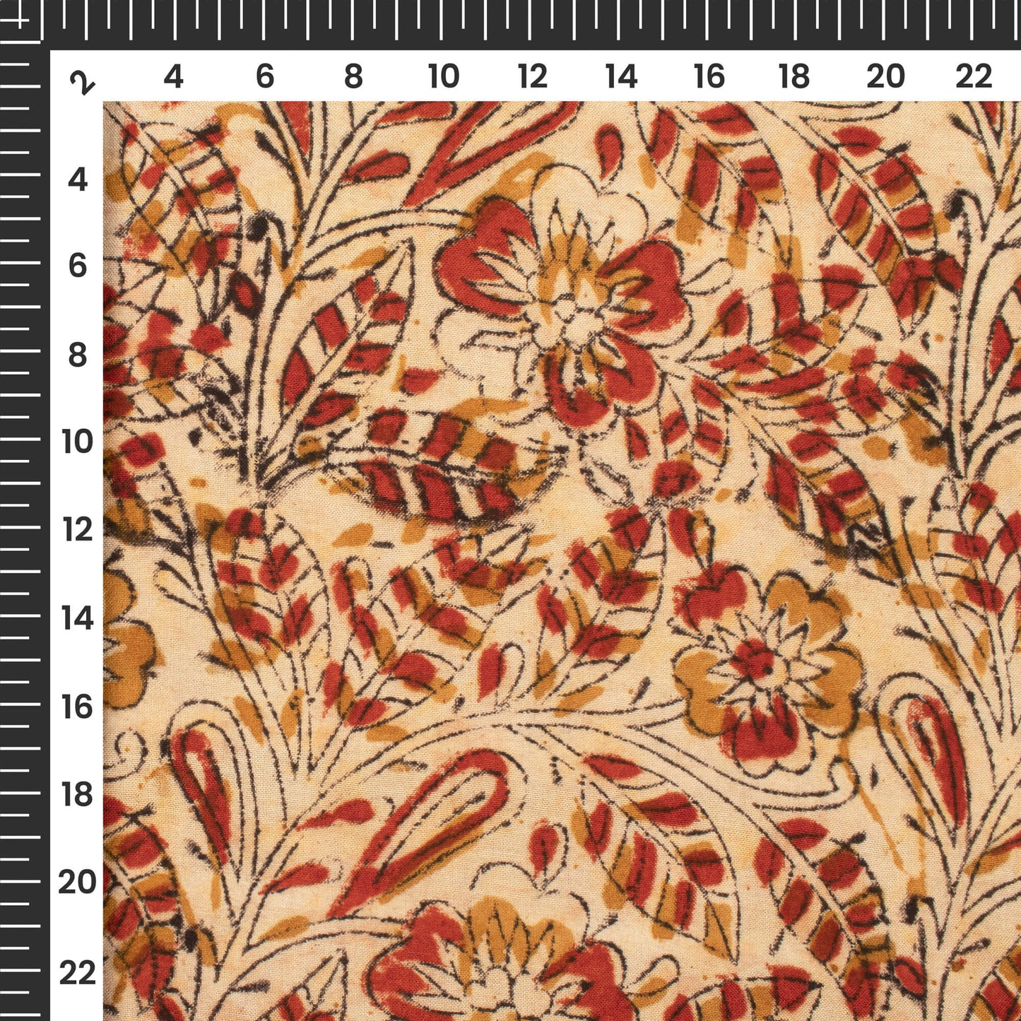 Beige And Red Leaf Kalamkari Cotton Silk Fabric