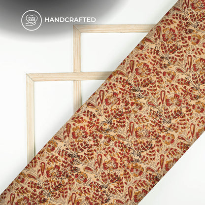 Beige And Red Leaf Kalamkari Cotton Silk Fabric