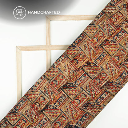 Red And Beige Traditonal Kalamkari Cotton Silk Fabric