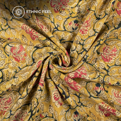 Corn Yellow And Red Floral Kalamkari Cotton Silk Fabric
