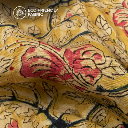 Corn Yellow And Red Floral Kalamkari Cotton Silk Fabric