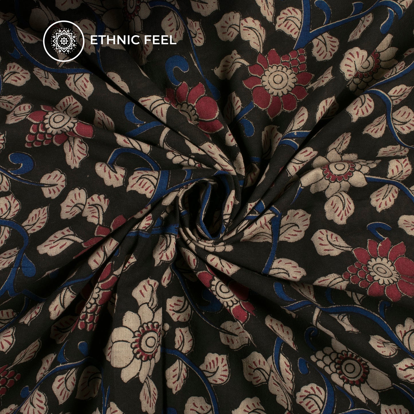 Sangria Red And Black Floral Kalamkari Cotton Fabric