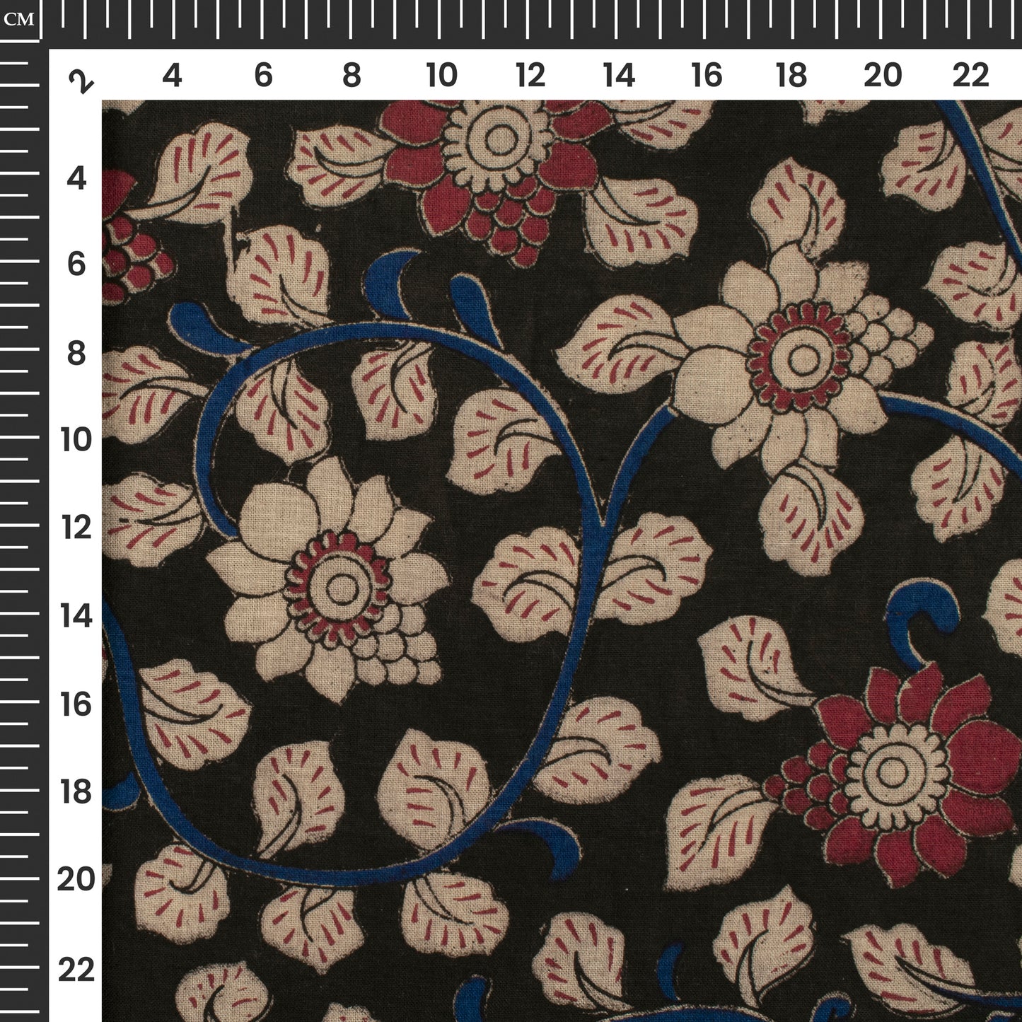 Sangria Red And Black Floral Kalamkari Cotton Fabric