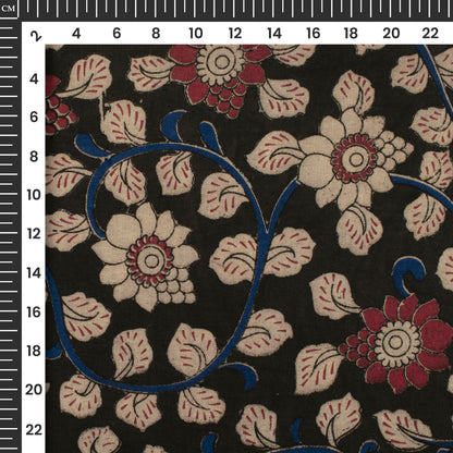 Sangria Red And Black Floral Kalamkari Cotton Fabric