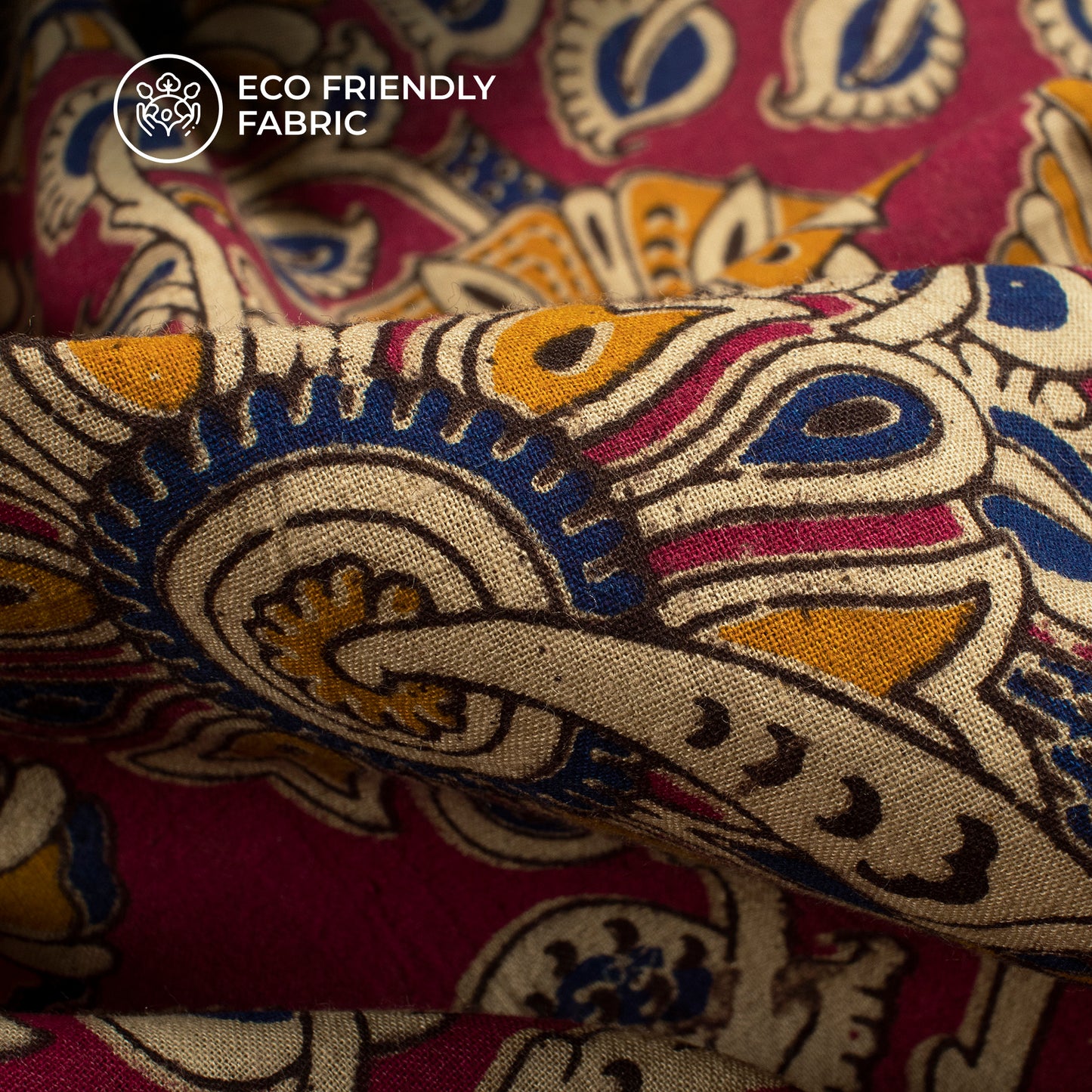 Dark Pink And Yellow Floral Kalamkari Cotton Fabric