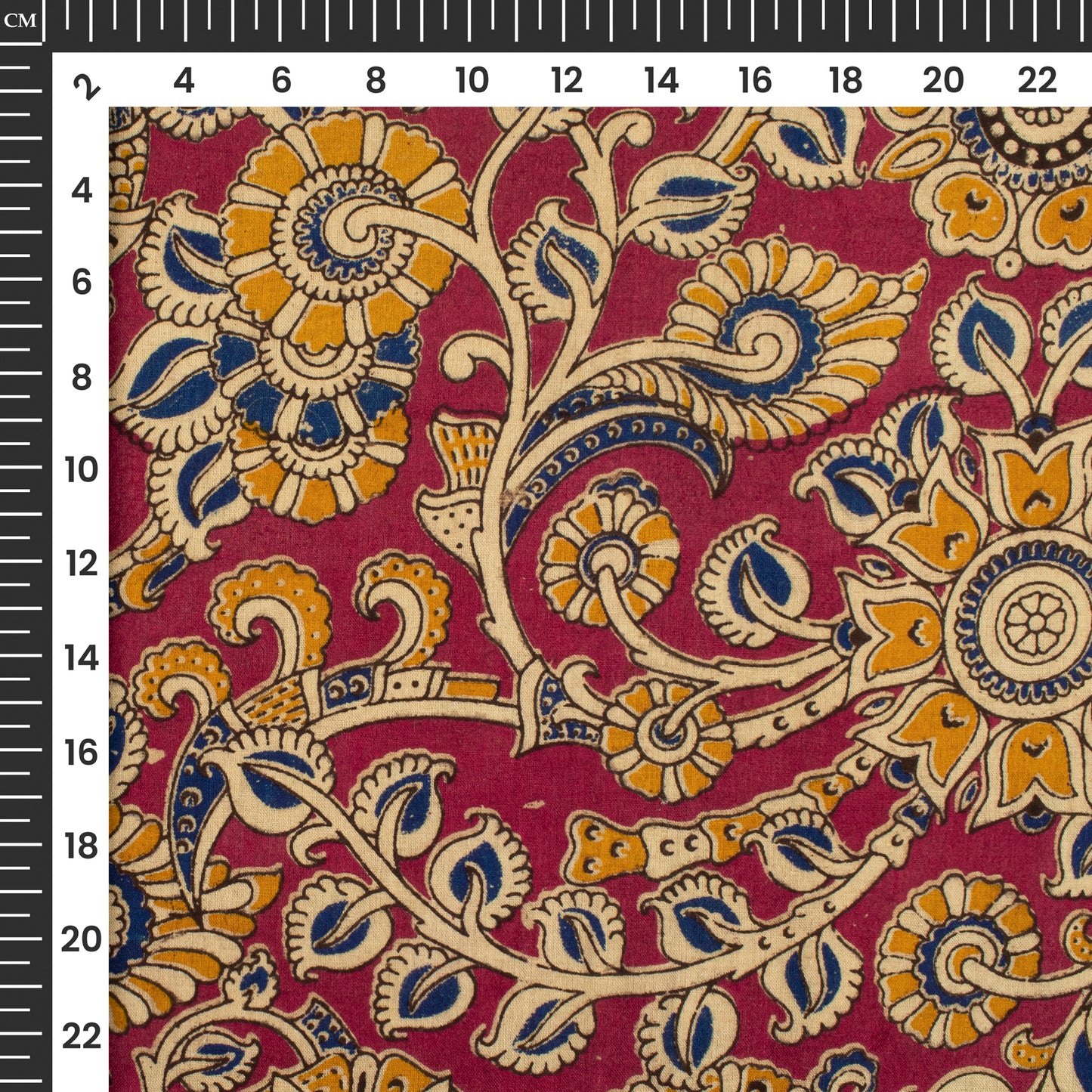 Dark Pink And Yellow Floral Kalamkari Cotton Fabric