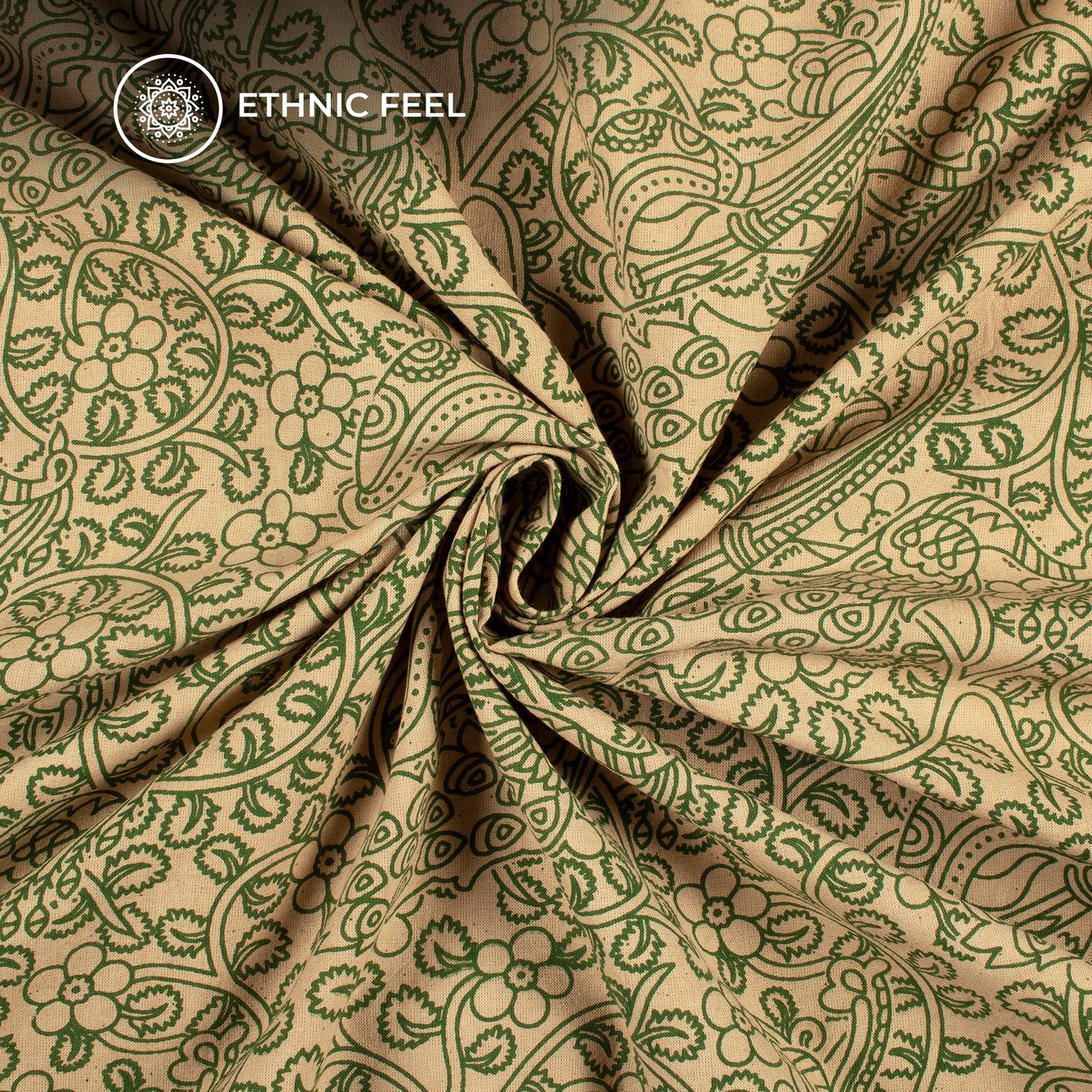 Fern Green And Beige Peacock Kalamkari Cotton Fabric