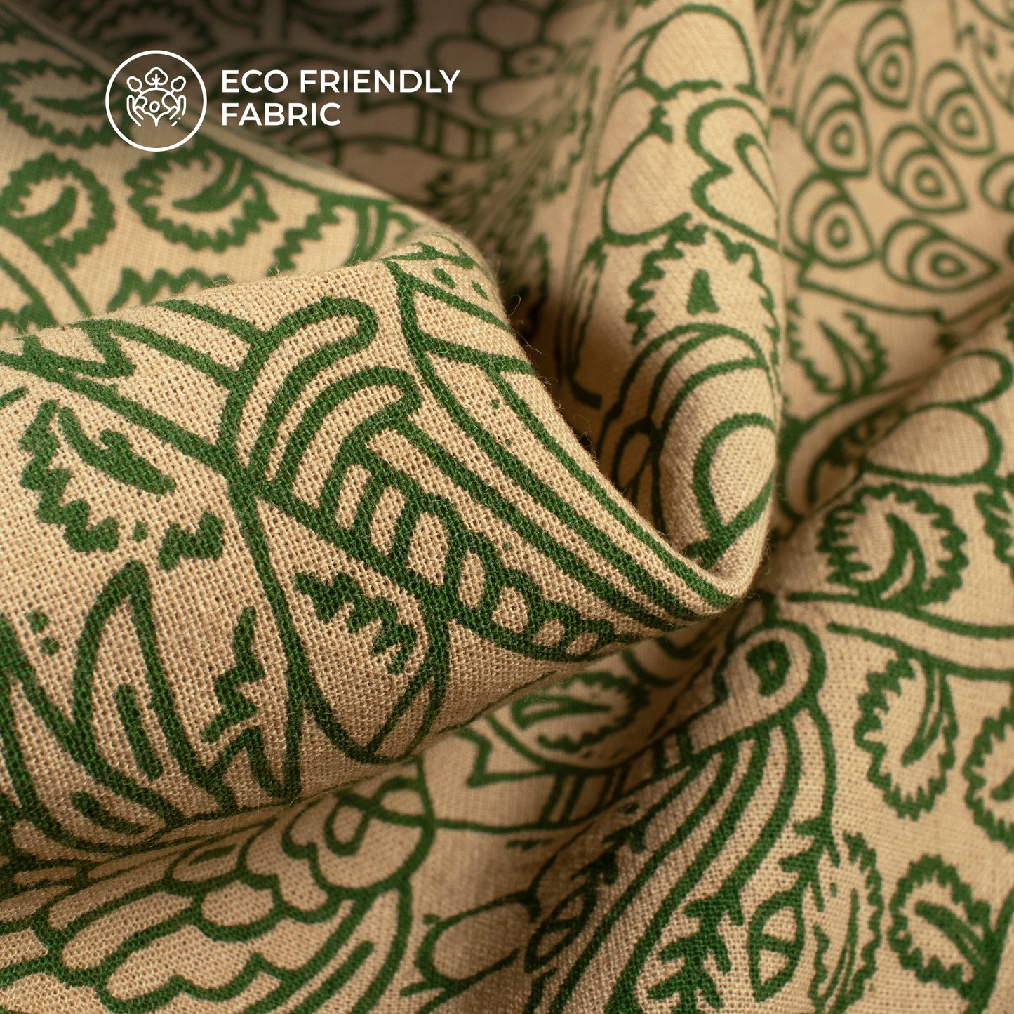 Fern Green And Beige Peacock Kalamkari Cotton Fabric