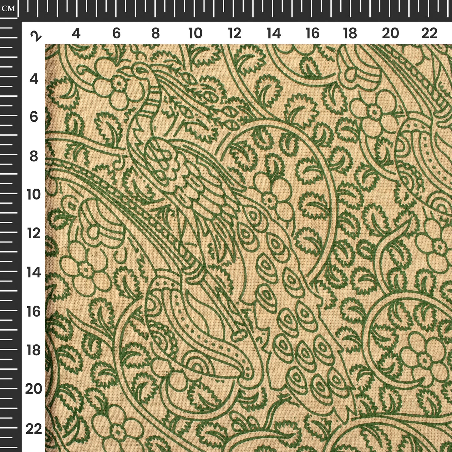 Fern Green And Beige Peacock Kalamkari Cotton Fabric