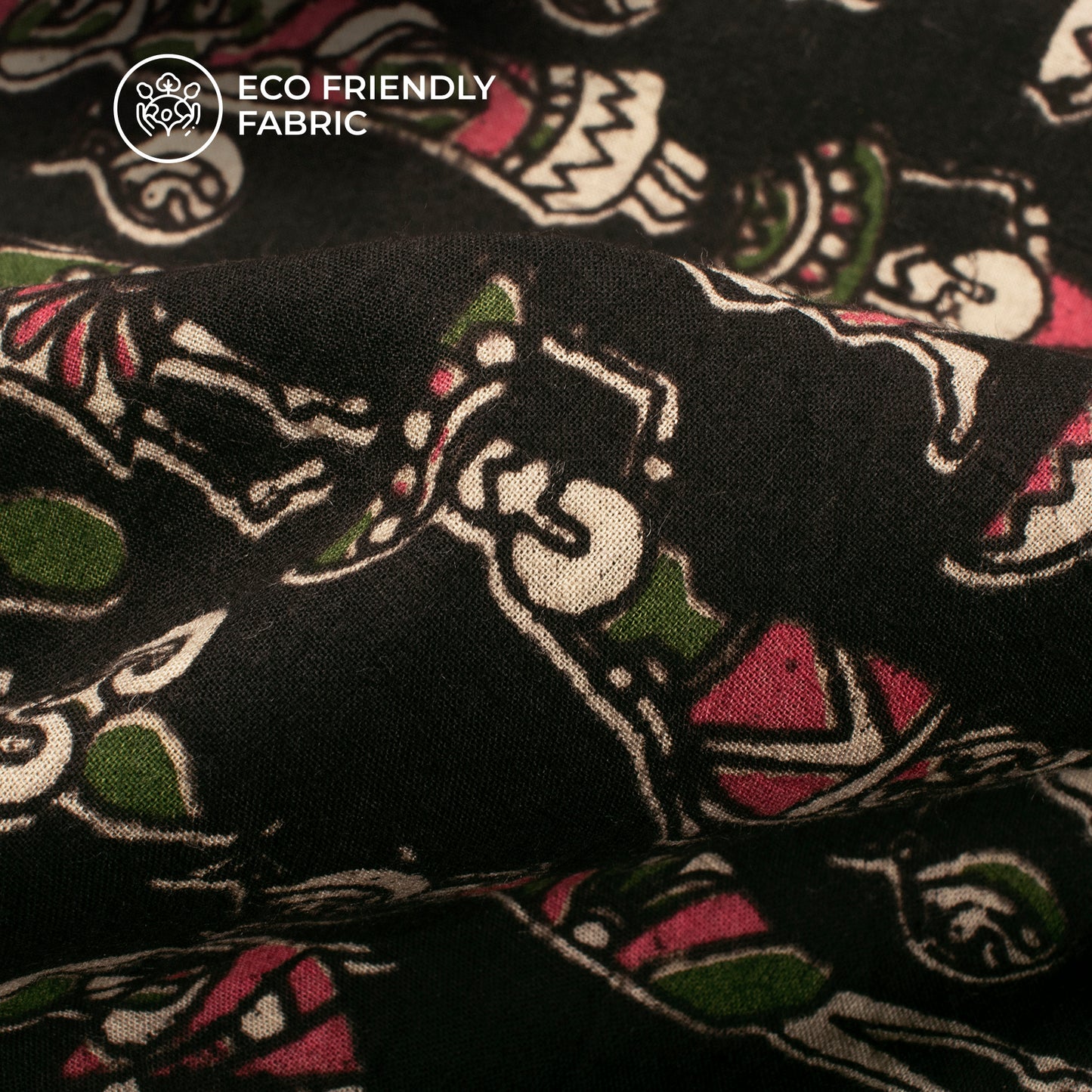 Flex Black And Dark Pink Quirky Kalamkari Cotton Fabric