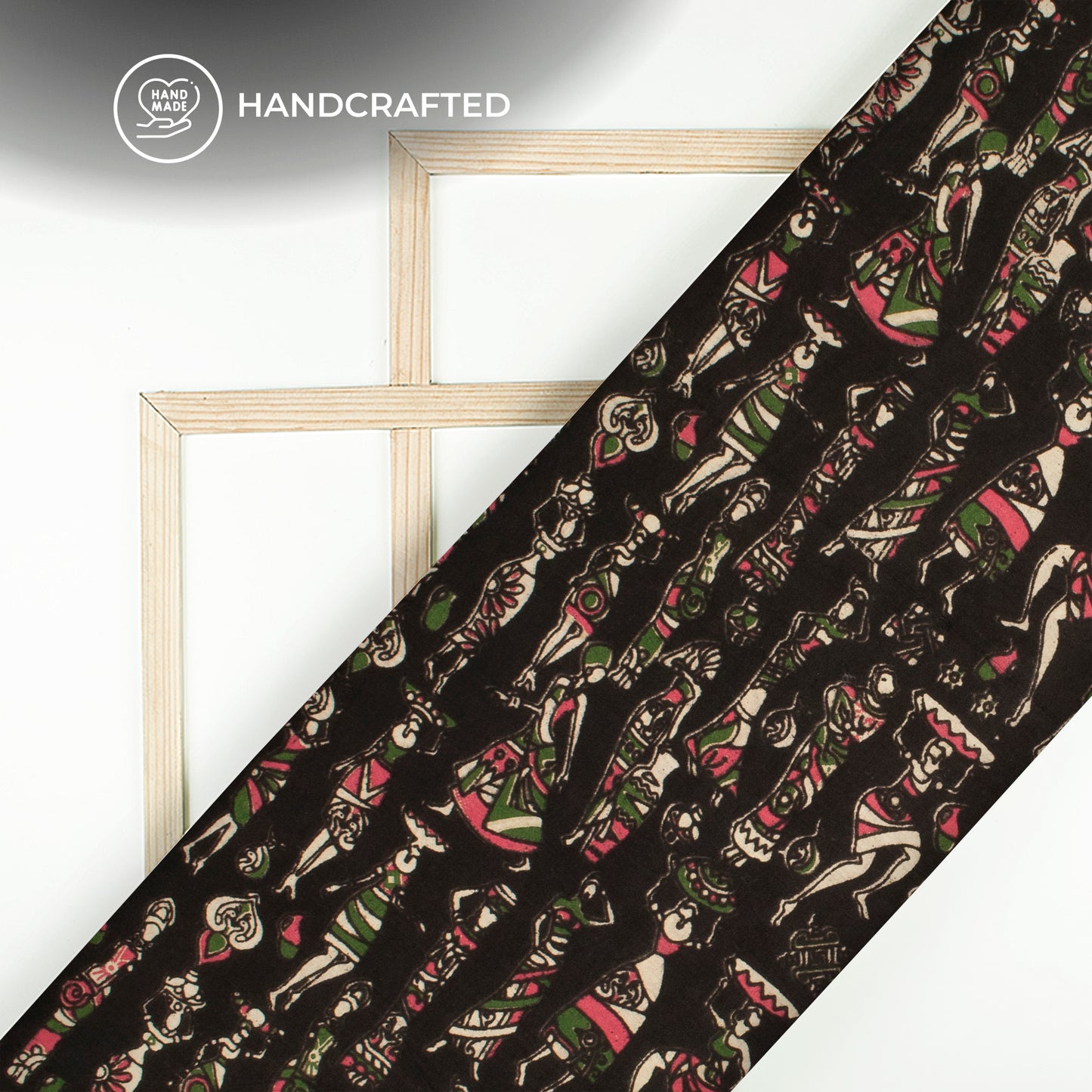 Flex Black And Dark Pink Quirky Kalamkari Cotton Fabric