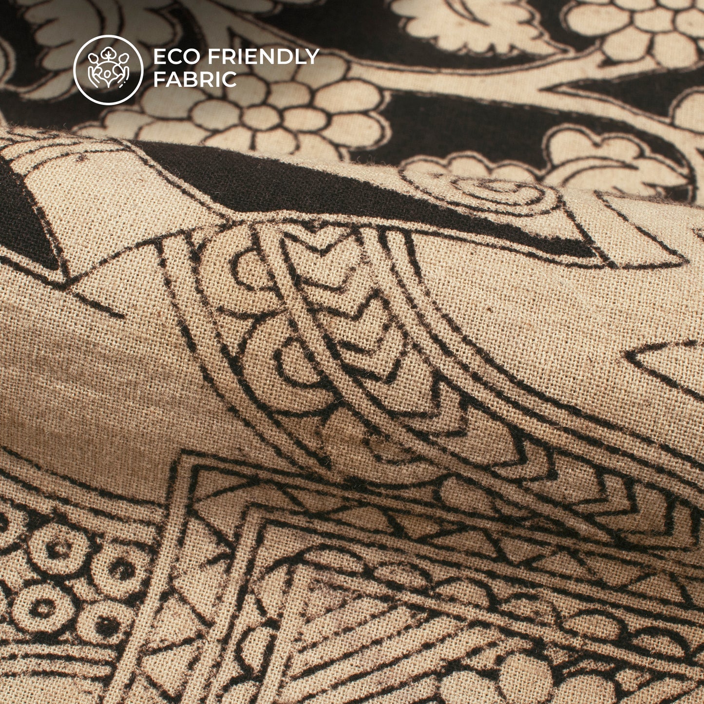 Black And Beige Animal Kalamkari Cotton Fabric