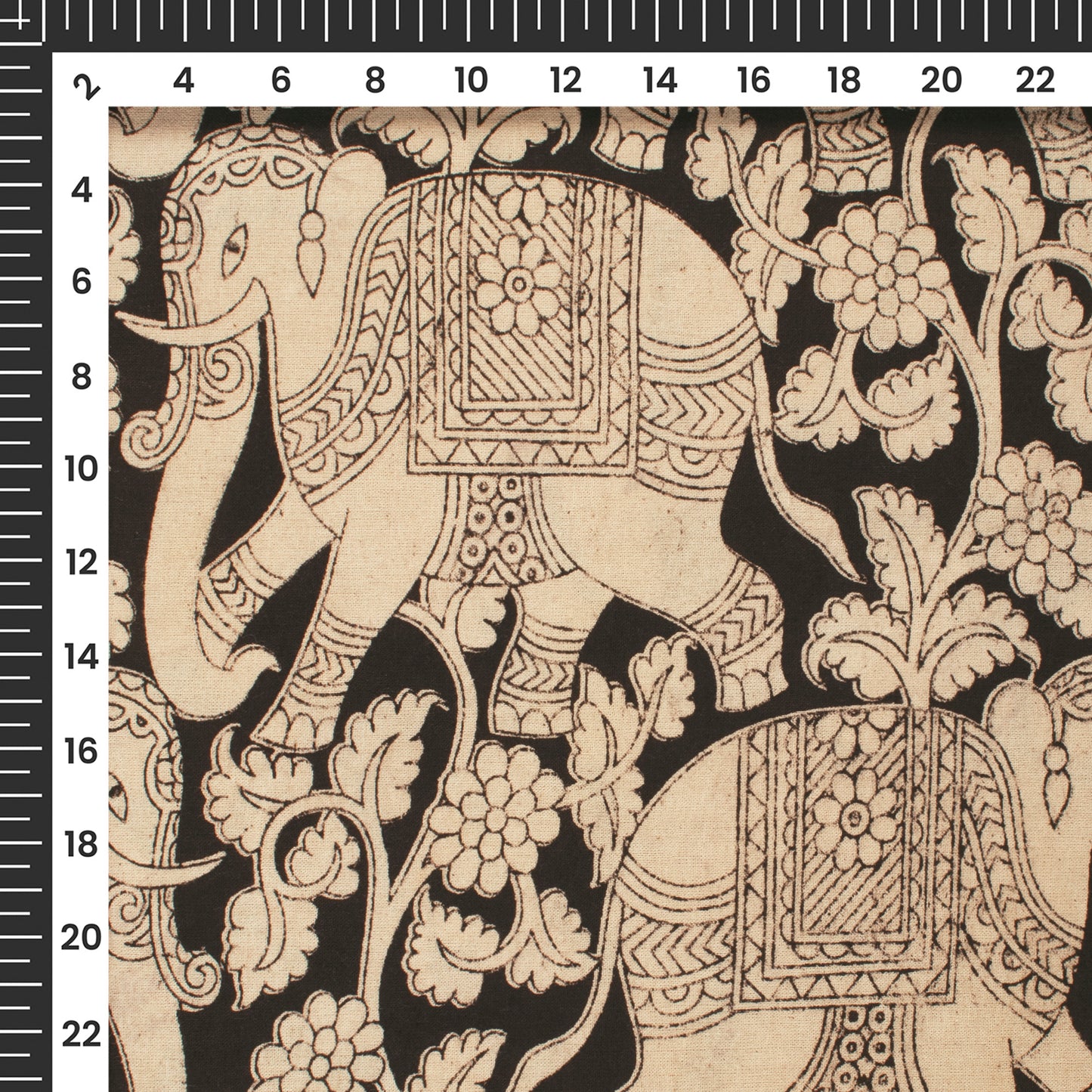 Black And Beige Animal Kalamkari Cotton Fabric