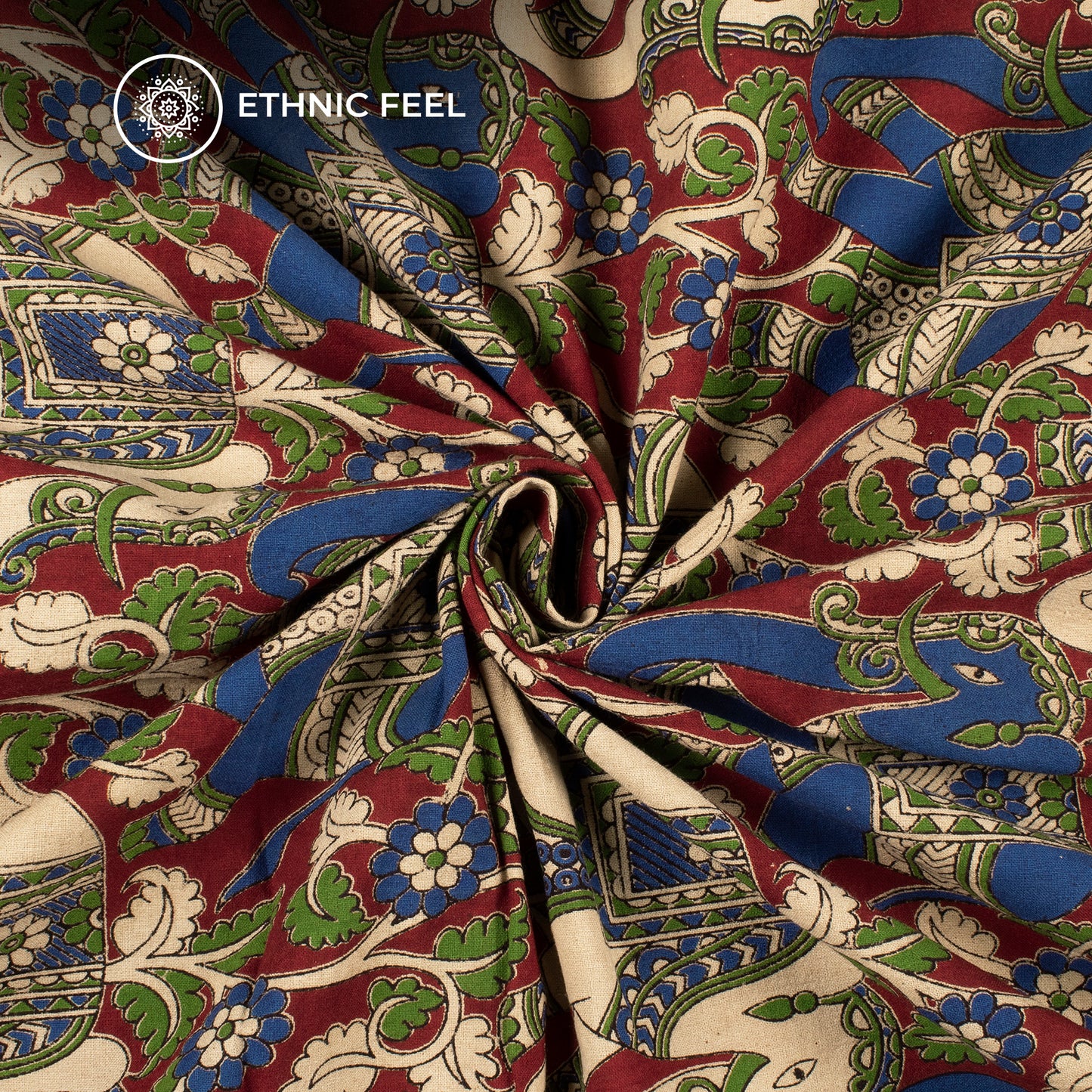 Maroon And Blue Animal Kalamkari Cotton Fabric