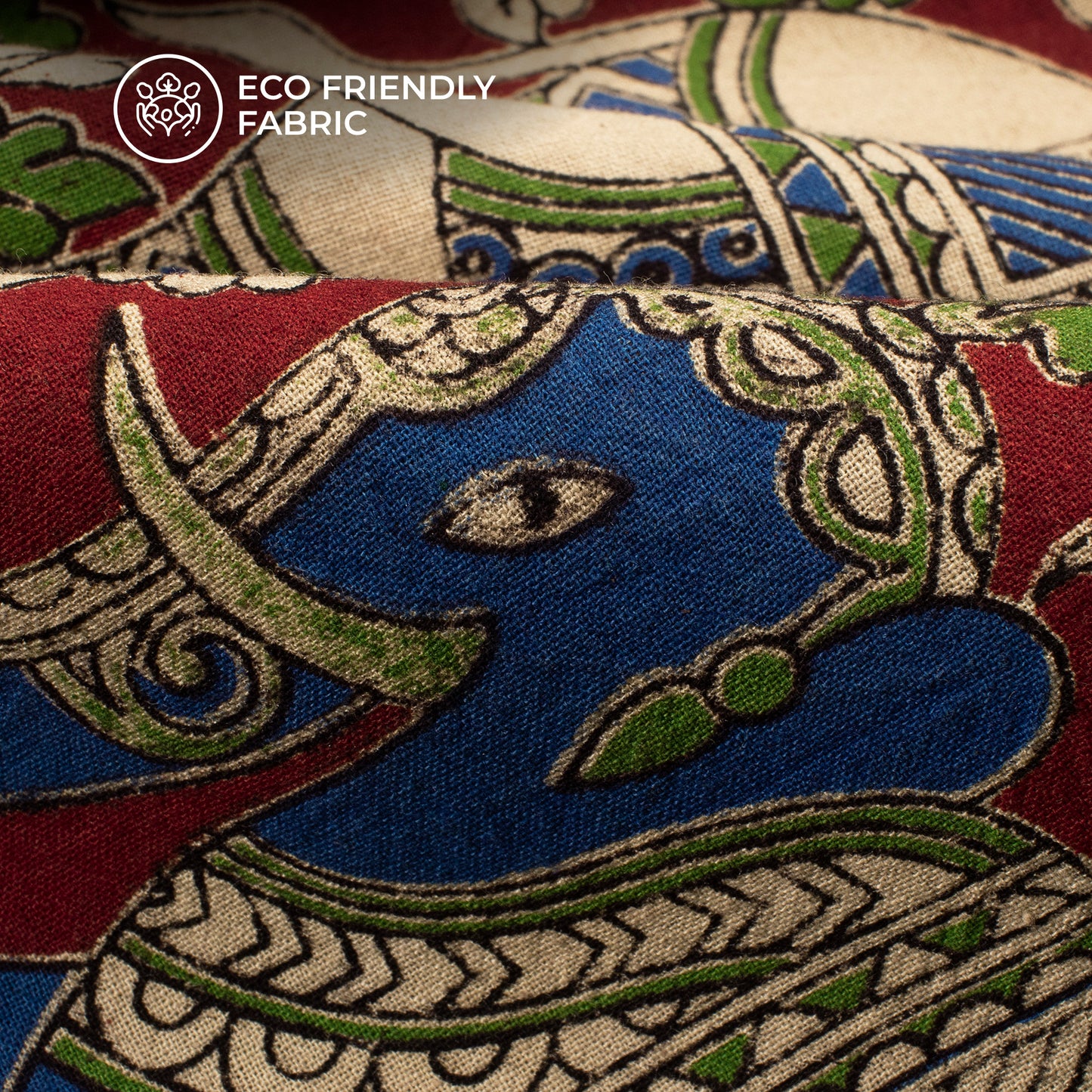 Maroon And Blue Animal Kalamkari Cotton Fabric